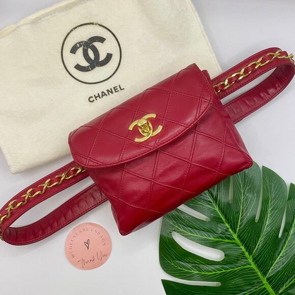 Chanel Vintage 90's Waist Belt Bag Fanny Pack Pouch 24kt Gold Red Lambskin - Picture 1 of 16
